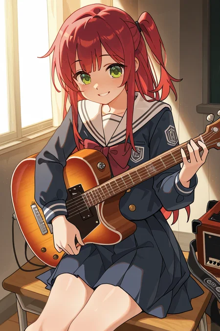masterpiece, best quality, amazing quality,
<lora:Lango_IL:1> lango, 1girl, solo, instrument, red hair, school uniform, guitar, green eyes, white sailor collar, sailor collar, smile, skirt, bow, bangs, long sleeves, long hair, one side up, sitting