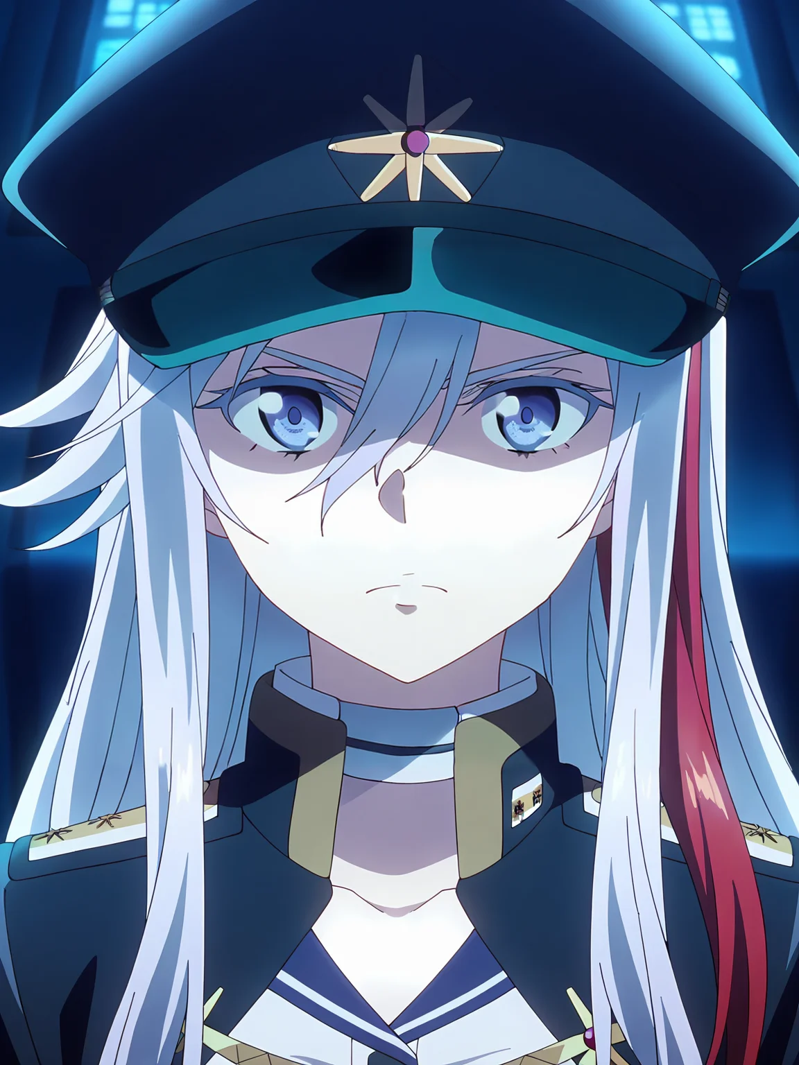 <lora:Vladilena_Milizé:0.8>, vladilena millize, 1girl, solo, blue eyes, long silver hair, red streaks, military hat, military uniform, gold trim, white shirt, white choker, serious, frown, closed mouth, sitting, looking at viewer, portrait, cropped, indoors, dark, screen light