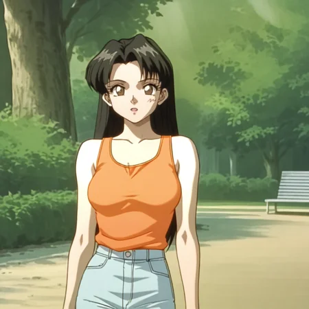 <lora:SakuraOVA_pony_v1:.8>SakuraOrangeShirt, 1girl, retro artstyle, long hair, 1990s (style), tank top, bangs, pants, black hair, shirt tucked in, 1980s (style), breasts, cowboy shot