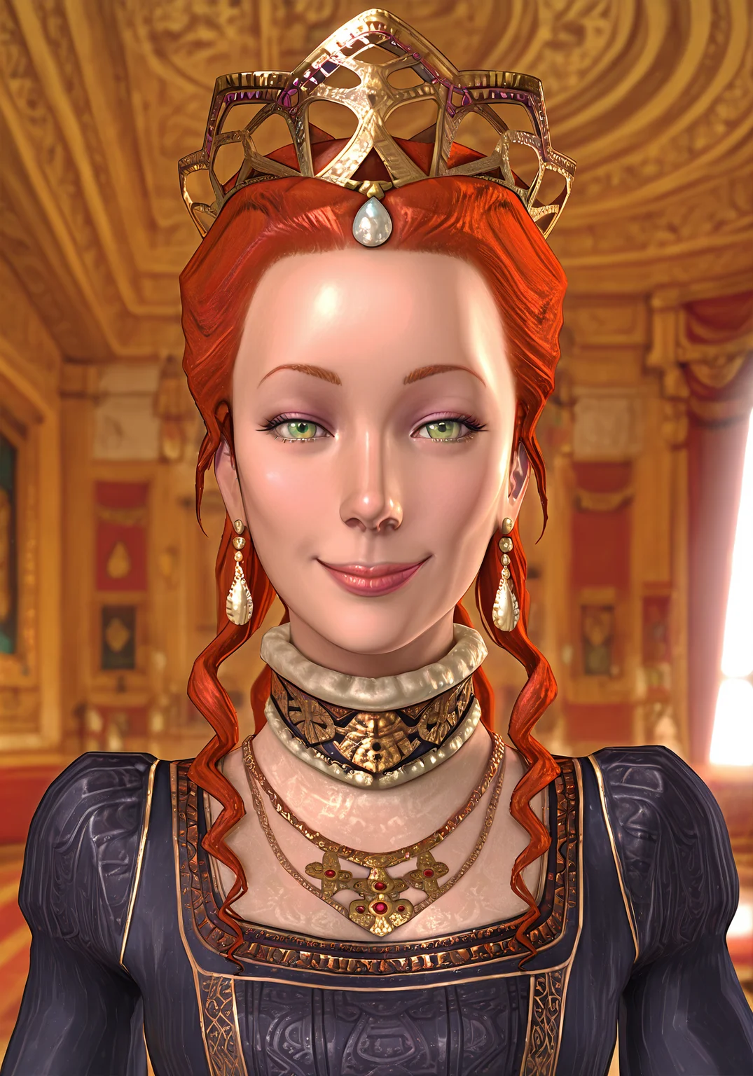absurdres, 8k, high resolution, masterpiece, best quality, absolutely fantastic art, amazing quality, very aesthetic, <lora:civ4>,civ4, civliz, 1girl, solo, long hair, looking at viewer, smile, dress, jewelry, green eyes, yellow eyes, upper body, red hair, earrings, necklace, lips, gem, realistic, crown