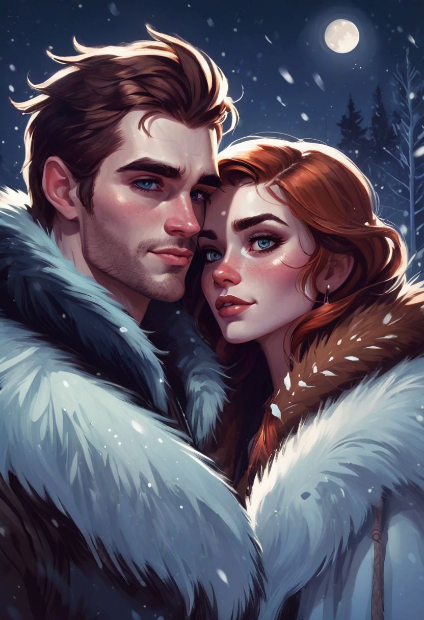 by Lois van Baarle,  1 female, 1 male, couple, lovers,  axe, fur cape, garland of beads, night, moon, snow, blizzard, illustration, 2d, best quality, best facial detail