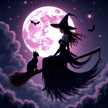 Masterpiece. Illustration of a silhouette of a beautiful adult witch and her cat sitting on a (broomstick:1.2) in front of a full moon. The witch is wearing a pointed hat and a long black Victorian dress. The cat is sitting on the broomstick behind the witch. The background is dark, with a hint of purple and pink galaxies, and the moon is partially visible behind a fog with bats flying in the distant sky. The overall mood of the image is eerie and mysterious. high-res, semi realistic, best quality, intricate details, ultra details, good lighting, vibrant colors, very detailed, octane render, absurdres. ray tracing, mythp0rt.