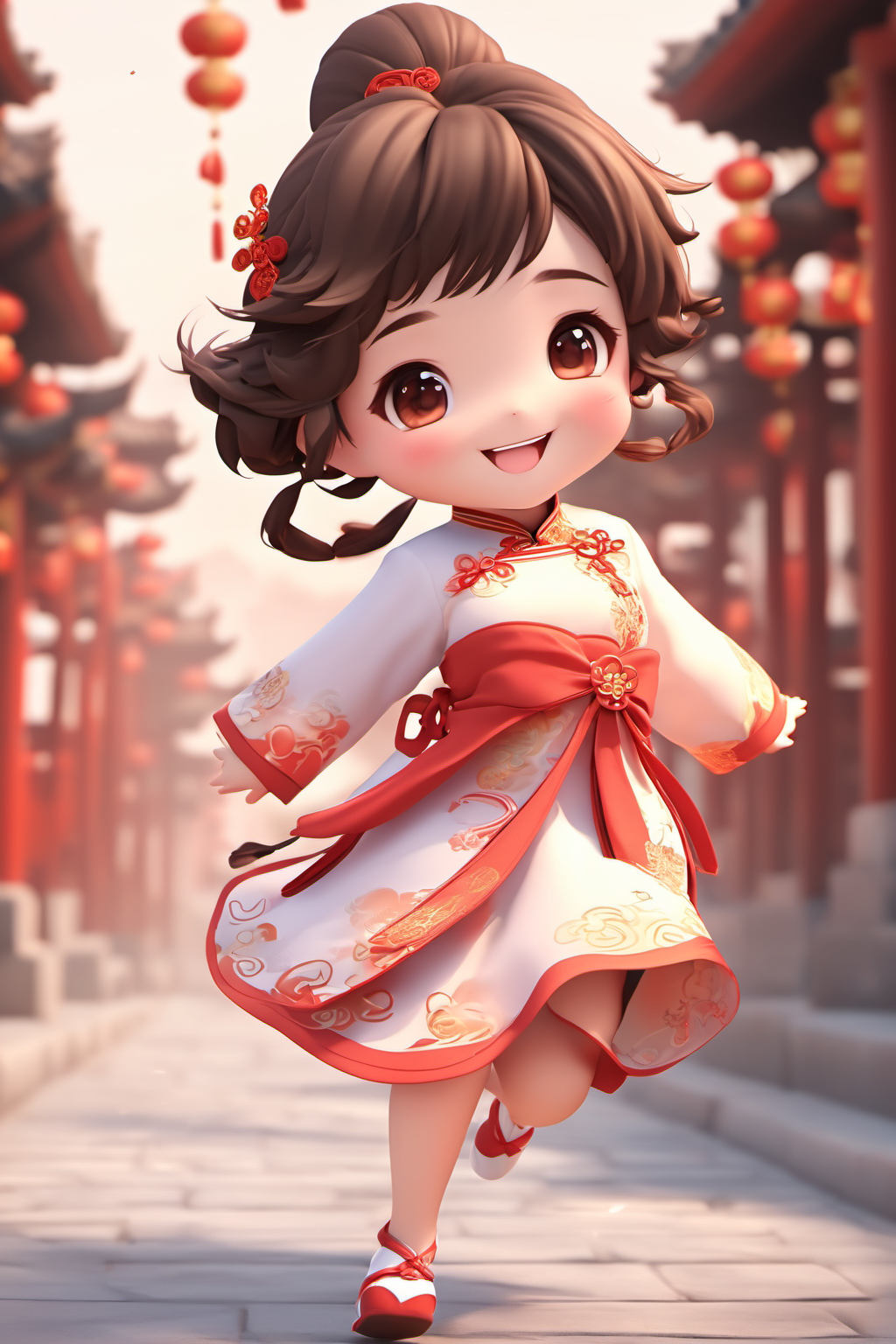 1 girl, solo, chibi, wearing cheongsam, smile, running on chinese street  <lora:mengwa:1>