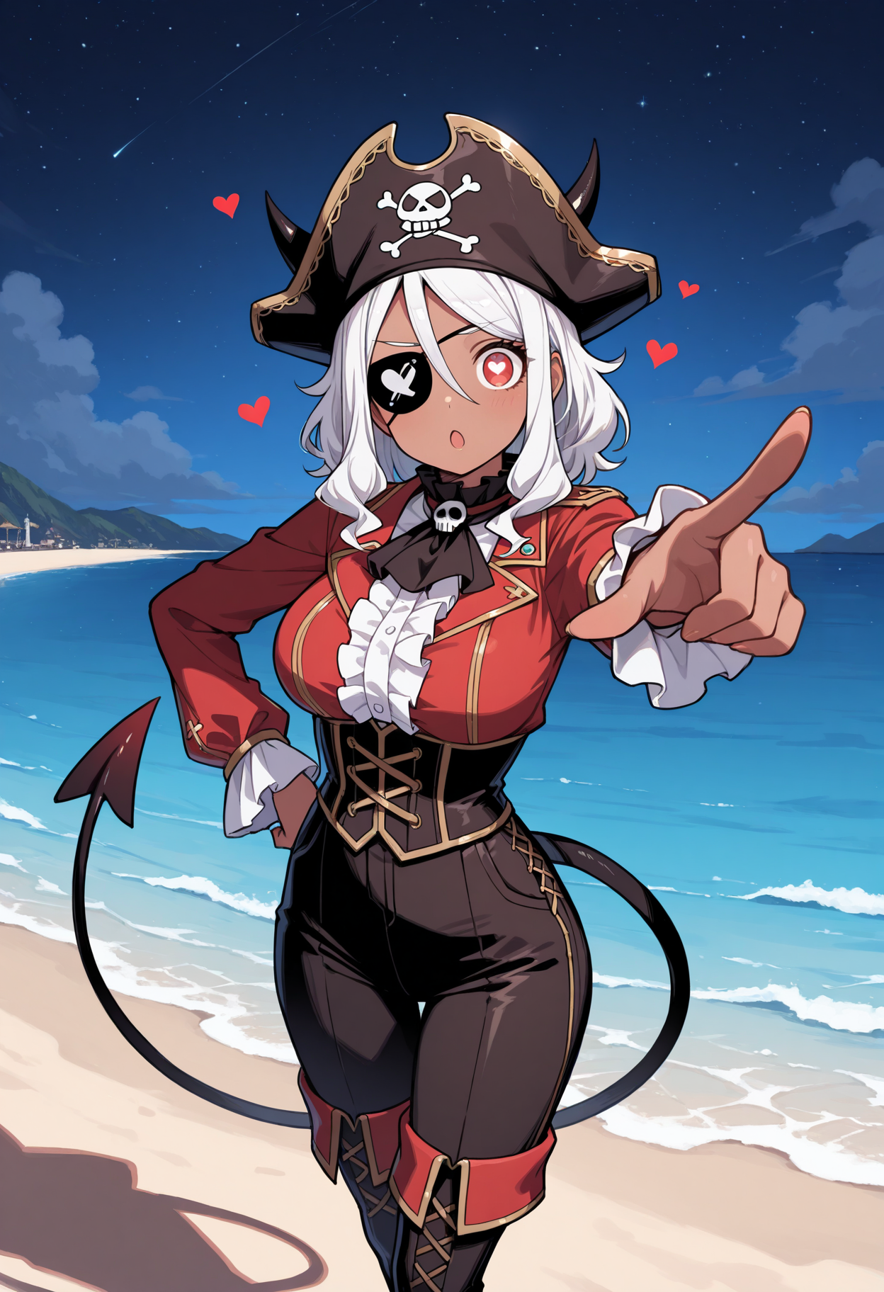 masterpiece, best quality, 1girl, solo, mod3us, medium hair, white hair, hair between eyes, black horns, demon horns, pirate costume, eyepatch, tricorn hat, ruffled blouse, corset, high-waist pants, outdoors, (tan), pointing, outstretched arm, hand on own hip, red eyes, heart-shaped pupils, demon tail, thigh boots, beach, sand, ocean, night, cloud, starry sky, night sky, pointing at viewer, foreshortening, index finger raised, looking at viewer