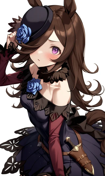 1girl, sensitive, rice shower, umamusume, solo, long hair, breasts, looking at viewer, blush, simple background, brown hair, long sleeves, white background, dress, hat, animal ears, bare shoulders, purple eyes, tail, flower, weapon, off shoulder, hair over one eye, rose, horse ears, horse girl, knife, horse tail, blue flower, off-shoulder dress, hat flower, blue rose, dagger