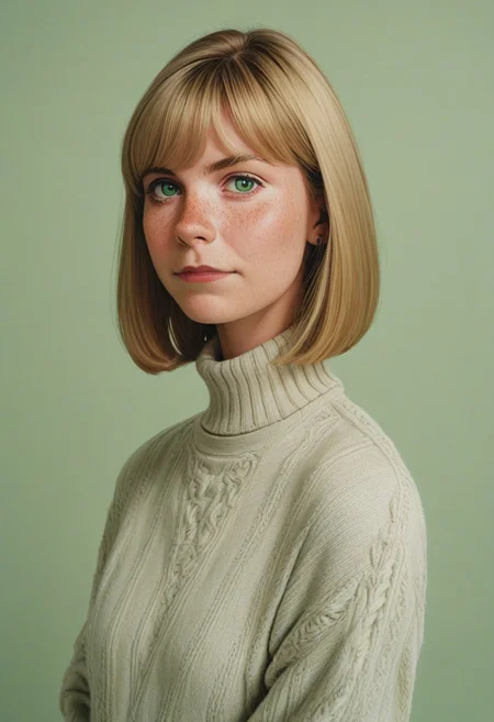 1girl, belatricepamford, pretty face, freckles, manic pixie, light hair, sweater, nose, seductive,
FOV medium shot,
simple pastel green background,
score_9,score_8_up