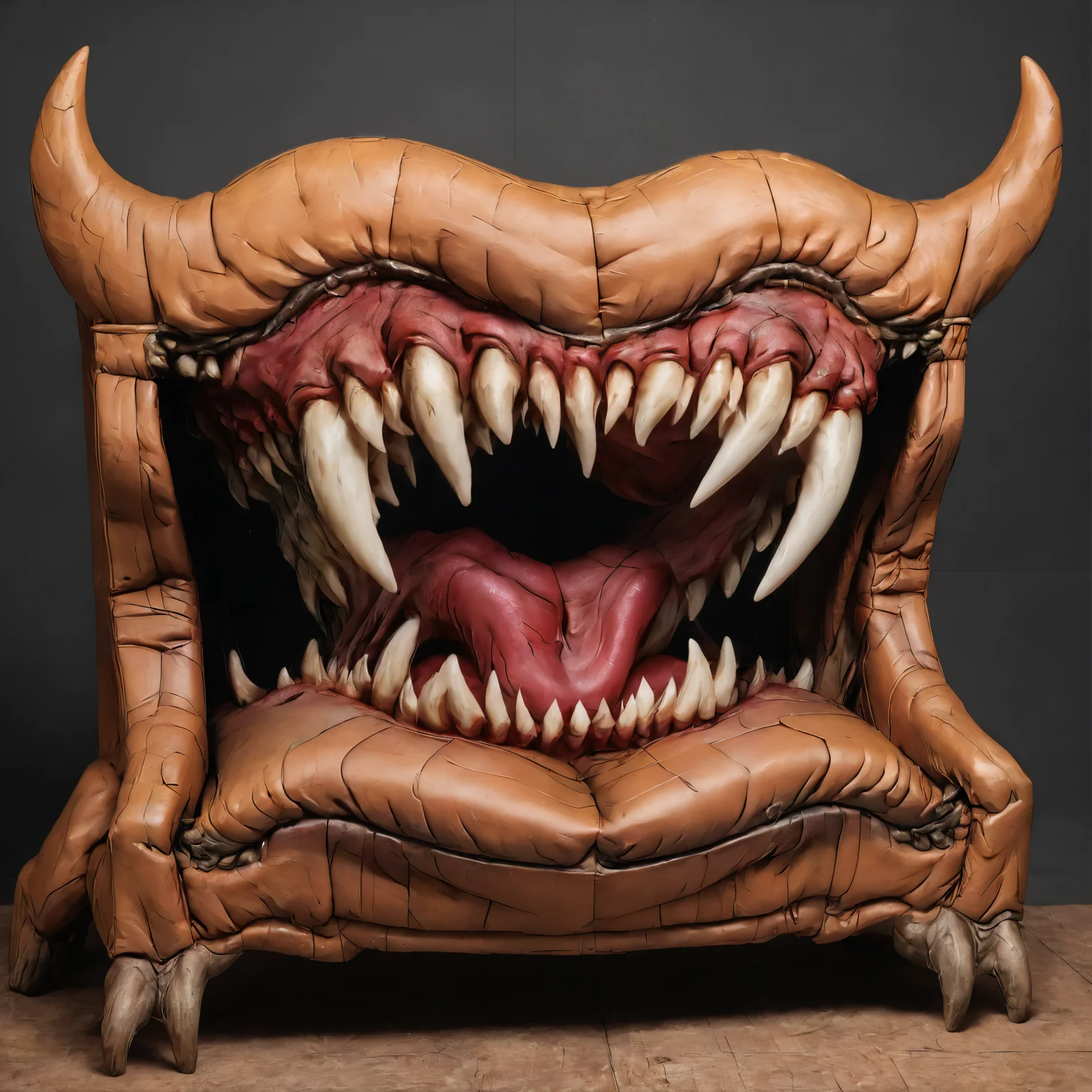 large teeth, gaping mouth, a sofa mimic<lora:EnvyMimicXL01:1>