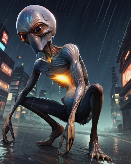 score_9, score_8_up, score_7_up, rating_questionable, intricately detailed, science fiction setting,
<lora:Sectoid_XCOM:1>,
1boy(Secto1d, large black eyes, full body, squatting, wet, wet skin, looking at viewer, solo), low angle view, rain, wet street, wet, science fiction city, futuristic buildings, on a road, at night, darkness, rainfall, dark theme, high rises, skyscrapers,
<lora:ral-chrosc-clr:0.5>, ral-chrosc-clr,
<lora:Expressive_H:0.5>, expessiveH,
<lora:xl_more_art-full_v1:0.3>,
<lora:add-detail-xl:0.3>
