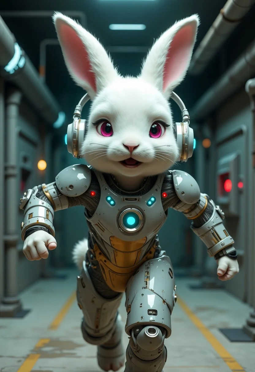 SentinelBot, The image is a highly detailed CGI rendering of a humanoid rabbit character running in a futuristic, industrial setting. The rabbit, with a white fur coat, has large, expressive pink eyes and prominent, erect ears with pink insides. It is dressed in a futuristic exosuit made of sleek, silver-grey metallic armor with intricate details and glowing blue circuitry visible on the chest and shoulders. The suit features a gold-colored breastplate with circular, glowing blue elements, giving it a high-tech, sci-fi appearance. The armor has a glossy finish and appears to be a combination of mechanical and organic elements, suggesting advanced technology integrated into the suit.
The character's face is anthropomorphic, with a realistic, fur-covered appearance, including whiskers and a slightly open mouth. The suit's design includes a helmet-like headpiece with large, futuristic headphones that cover the ears and have a blue and white design.
The background depicts a dimly lit, industrial interior with metallic walls, pipes, and catwalks, illuminated by soft, blue-green lighting. The overall atmosphere is one of a high-tech, possibly spaceship or military facility. The image combines elements of fantasy, sci-fi, and steampunk aesthetics, creating a visually striking and immersive scene.