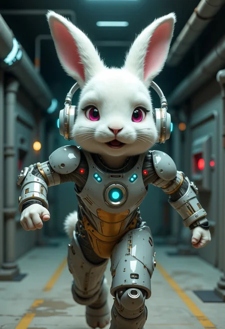 SentinelBot, The image is a highly detailed CGI rendering of a humanoid rabbit character running in a futuristic, industrial setting. The rabbit, with a white fur coat, has large, expressive pink eyes and prominent, erect ears with pink insides. It is dressed in a futuristic exosuit made of sleek, silver-grey metallic armor with intricate details and glowing blue circuitry visible on the chest and shoulders. The suit features a gold-colored breastplate with circular, glowing blue elements, giving it a high-tech, sci-fi appearance. The armor has a glossy finish and appears to be a combination of mechanical and organic elements, suggesting advanced technology integrated into the suit.
The character's face is anthropomorphic, with a realistic, fur-covered appearance, including whiskers and a slightly open mouth. The suit's design includes a helmet-like headpiece with large, futuristic headphones that cover the ears and have a blue and white design.
The background depicts a dimly lit, industrial interior with metallic walls, pipes, and catwalks, illuminated by soft, blue-green lighting. The overall atmosphere is one of a high-tech, possibly spaceship or military facility. The image combines elements of fantasy, sci-fi, and steampunk aesthetics, creating a visually striking and immersive scene.