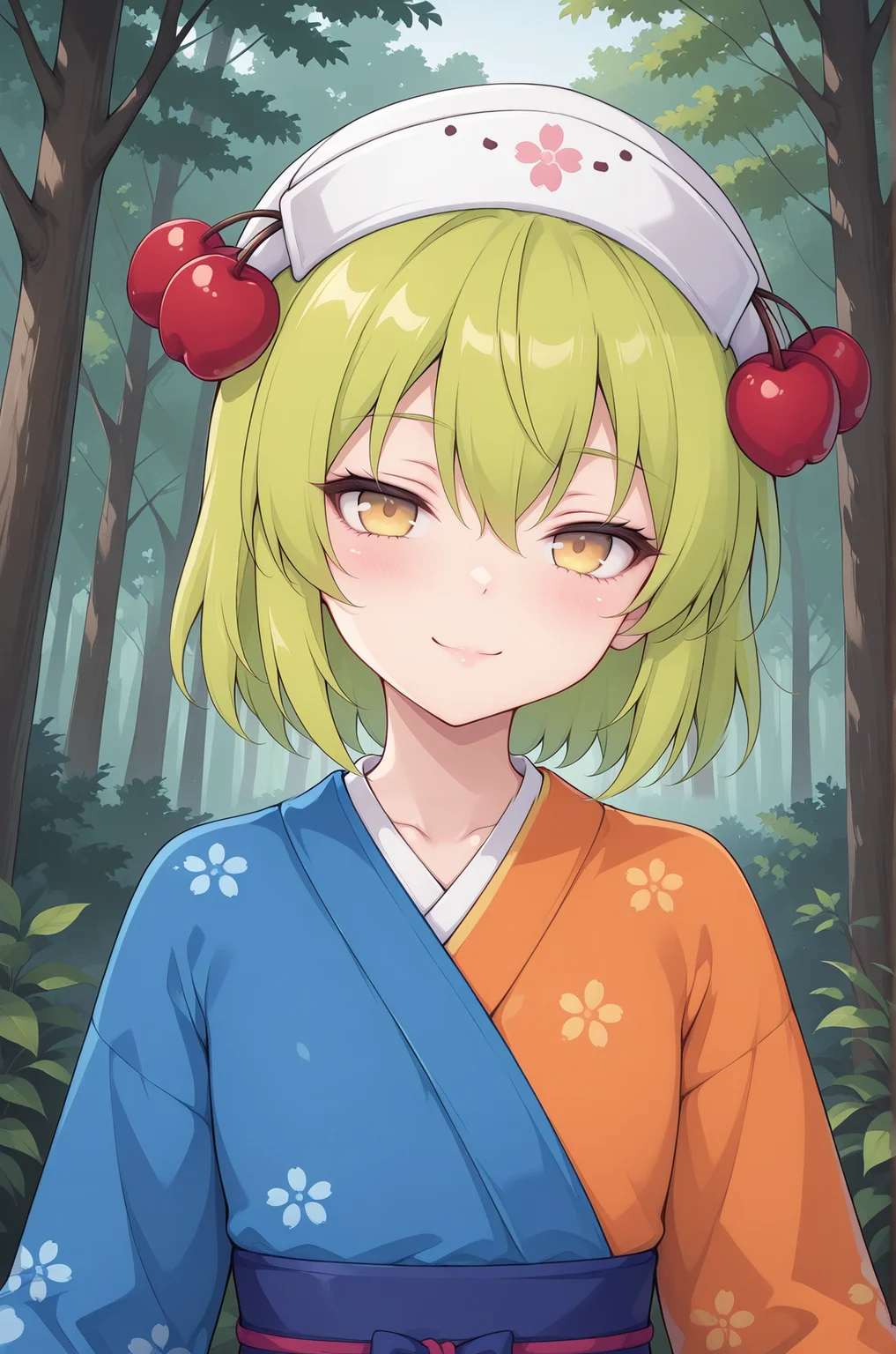 masterpiece,best quality,amazing quality, KoirandoshilVTILXL, 1girl, yellow eyes, green hair, short hair, hair between eyes, white hat, cherry hair ornament, flat chest, japanese clothes, blue kimono, orange kimono, multicolored kimono, blue sash, solo, front view, (portrait, upper body), solo focus, seductive smile, looking at viewer, forest, tree <lora:KoirandoshilVTILXL:1>