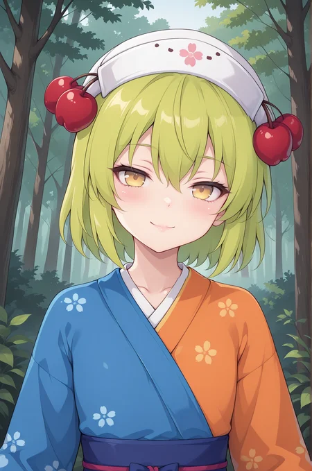 masterpiece,best quality,amazing quality, KoirandoshilVTILXL, 1girl, yellow eyes, green hair, short hair, hair between eyes, white hat, cherry hair ornament, flat chest, japanese clothes, blue kimono, orange kimono, multicolored kimono, blue sash, solo, front view, (portrait, upper body), solo focus, seductive smile, looking at viewer, forest, tree     <lora:KoirandoshilVTILXL:1>