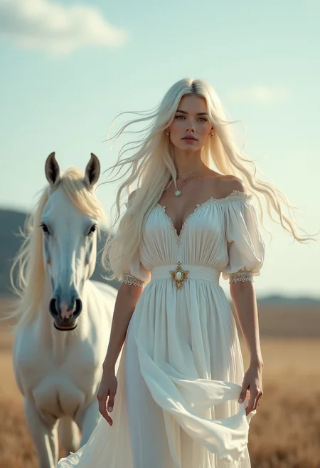 Here is the image of a beautiful woman in white with white very long hair flowing in the wind in a fantasy place, a beautiful white unicorn next to her, high detailed, 8k, very realistic.