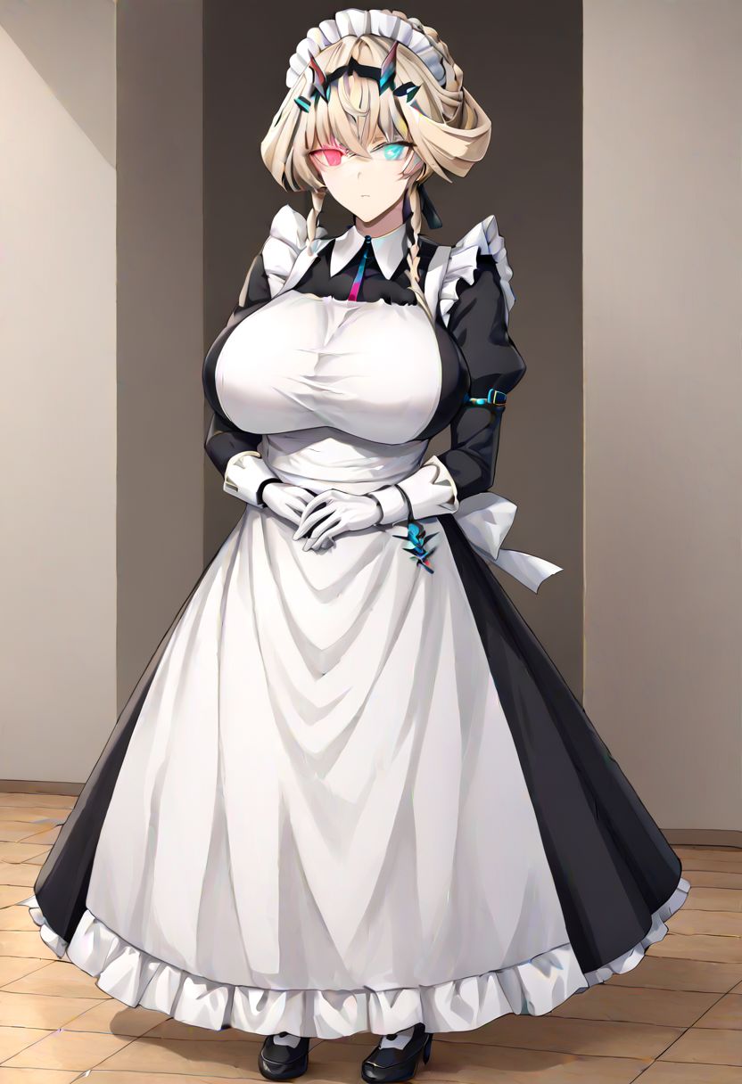 Barghest_Maid, platinum blonde hair, twin braids, short hair, sidelocks, hair up, hair bun, heterochromia, glowing eyes, maid headdress, frilled dress, pleated dress, juliet sleeves, maid apron, collar, black skirt, long skirt, white gloves, 
masterpiece, best quality, very aesthetic, absurdres, 1milf, 1adult, solo, full_body, tachi-e,