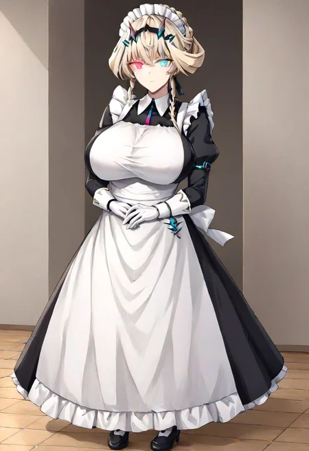 Barghest_Maid, platinum blonde hair, twin braids, short hair, sidelocks, hair up, hair bun, heterochromia, glowing eyes, maid headdress, frilled dress, pleated dress, juliet sleeves, maid apron, collar, black skirt, long skirt, white gloves, 
masterpiece, best quality, very aesthetic, absurdres, 1milf, 1adult, solo, full_body, tachi-e,