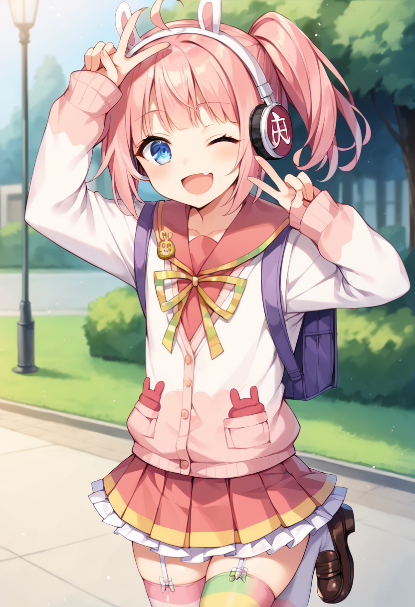 score_9,score_8_up,score_7_up,source_anime,masterpiece,best quality,game cg,1girl,solo,little_girl,petite,meu_meu,blue eyes,pink hair,side ponytail,headphones,fake animal ears,animal ear headphones,ahoge,multicolored clothes,school uniform,long sleeves,purple backpack,pleated skirt,highhighs,garter straps,striped thighhighs,multicolored legwear,<lora:HBSmeu:1>,park,standing_on_one_leg,looking_at_viewer,open mouth,smile,kind_smile,v,wink,brown loafers,