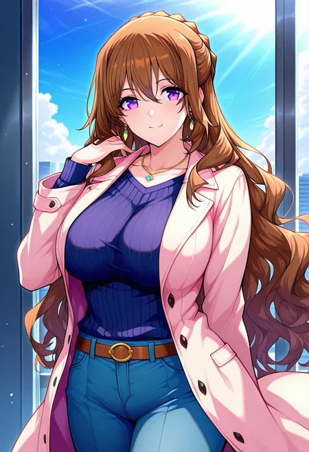kayoBR, (absurdres, best quality, masterpiece:1.4), amazing quality, highres, newest, detailed, detailed body, detailed face, manga illustration, beautiful,
BREAK
1girl, solo, standing, smile, YuriBR, brown hair, purple eyes, long hair, MILF, sweater, half updo, braid, coat, pants