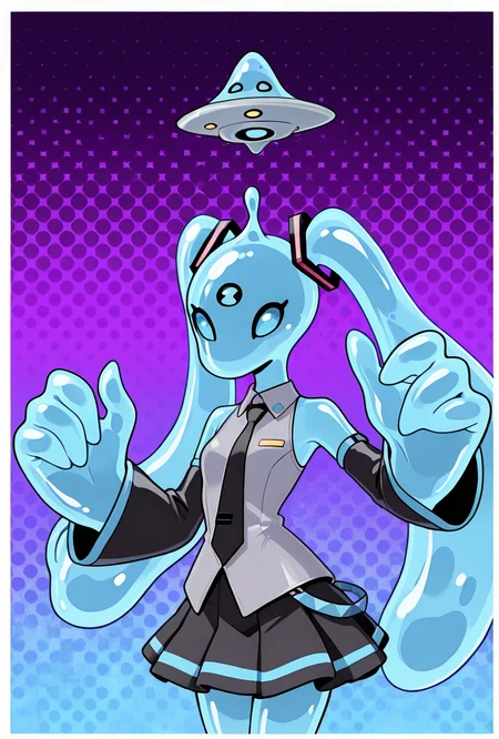 <lora:goop-09:1> goop, solo, no humans, 1girl, cyan skin, pokemon (creature), slime (substance), translucent character, transparent skin, floating small ufo on head, dynamic pose, stretchy limbs, cyan slime, long twin tails, miku cosplay, grey shirt, black skirt, cyan tie, sleeveless,, cyan eyes, Black sleeves, slime hair, cyan theme, masterpiece, best quality, amazing quality, very aesthetic, absurdres, newest,, upper body, halftone effect, white borders, abstract background:1.2,