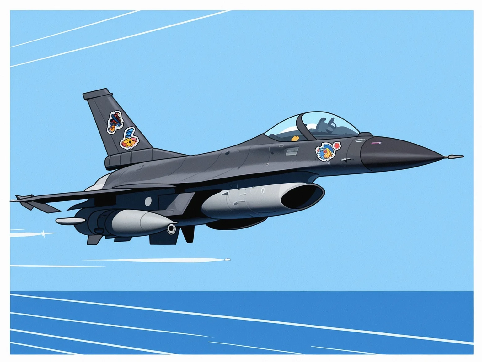 <lora:F-16_Illustrious:1>, ( f-16:1.1), fighter jet, (missile launch:1.3), dynamic pose, (sticker:1.3), white border, comic style speed lines, simplified shading, bright color accents, dark vignette backdrop, pop art feel, masterpiece, best quality, amazing quality