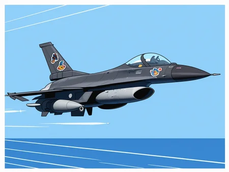 <lora:F-16_Illustrious:1>, ( f-16:1.1), fighter jet, (missile launch:1.3), dynamic pose, (sticker:1.3), white border, comic style speed lines, simplified shading, bright color accents, dark vignette backdrop, pop art feel, masterpiece, best quality, amazing quality