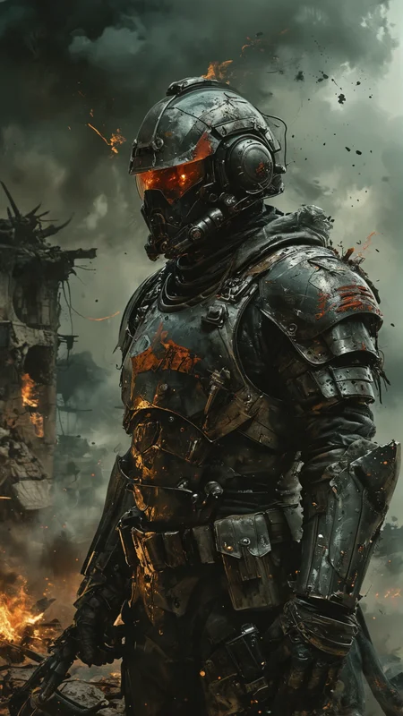 A dark fantasy scene featuring a futuristic French soldier on a war-torn battlefield. The soldier is wearing advanced, high-tech armor with gothic and medieval influences, combining sleek metal and dark, worn leather. The helmet has a menacing design, with glowing red eyes and intricate engravings. The battlefield is chaotic, filled with smoke, fire, and ruins of futuristic buildings. The sky is dark and ominous, with flashes of lightning illuminating the devastation. The overall atmosphere is grim and intense, reflecting the horrors of war in a dystopian future.
<lora:add-detail-xl:2> <lora:MJ52:0.5> <lora:ink-style_A3.1_XL:0.66> (ink-style, ink_wash_painting)