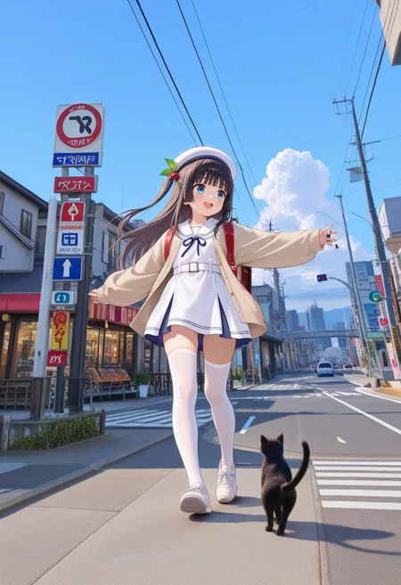 1girl,solo,cute girl,cute face,beautiful face,kawaii,very long legs,slender legs,masterpiece,best quality,amazing quality,very aesthetic,absurdres,highres,pastel colors,very awa,good aesthetic,hyper details,beautiful,amazing,
BREAK
blue eyes,side hair,one side up,long hair,straight_hair,blunt bangs,bangs,black hair,hime cut,(cherry hair ornament:1.1),one_side_up,
BREAK
sailor dress,white dress,bule sailor collar,white_cropped_shirt,white belt,miniskirt,socks,loafers,open clothes,puffy long sleeves,open cardigan,beige brown cardigan,sleeves past wrists,flat stomach,
white hat,white thighhighs,neck ribbon,white footwear,shoes,sneakers,
standing,(clothing_slip:1.4),
feature large highlight,feature double highlights,
1cat,black cat,
full body,
red randoseru,
<lora:Japanese_Suburbs:0.8>,Japanese Suburbs,shop,scenery,outdoors,road,sign,building,street,road sign,city,power lines,utility pole,traffic light,crosswalk,lamppost,sidewalk,cityscape,photo background,
(kasukabe akira:0.5),zebra crossing,looking_away,looking_to_the_side,facing_away,knee_up,walking,cloud,blue sky,looking_at_another,:d,happy,from_below,from_side,dutch angle,ass_visible_through_thighs,