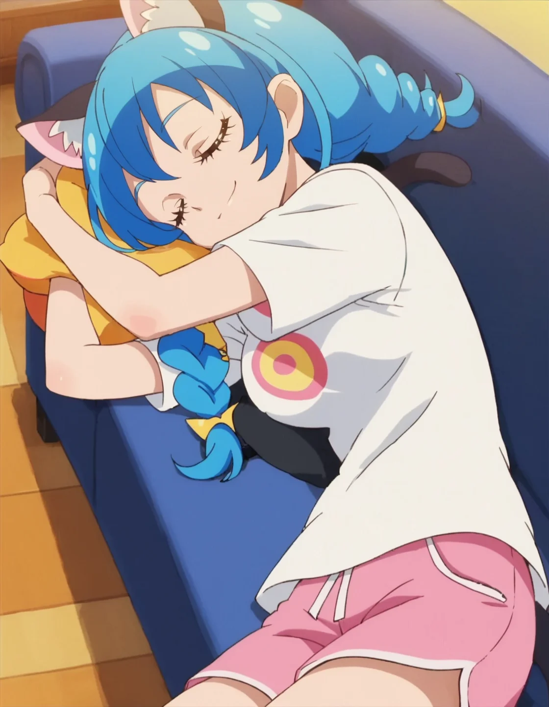 score_9, score_8_up, score_7_up, anime screencap, solo,1girl,yuni,cat ears,cat tail, closed eyes, pink shorts, smile, shirt, closed mouth, white shirt, t-shirt,sleeping,lying on sofa,medium breasts,<lora:yuni:0.8>