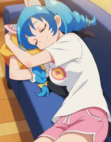 score_9, score_8_up, score_7_up, anime screencap, solo,1girl,yuni,cat ears,cat tail, closed eyes, pink shorts, smile, shirt, closed mouth, white shirt, t-shirt,sleeping,lying on sofa,medium breasts,<lora:yuni:0.8>