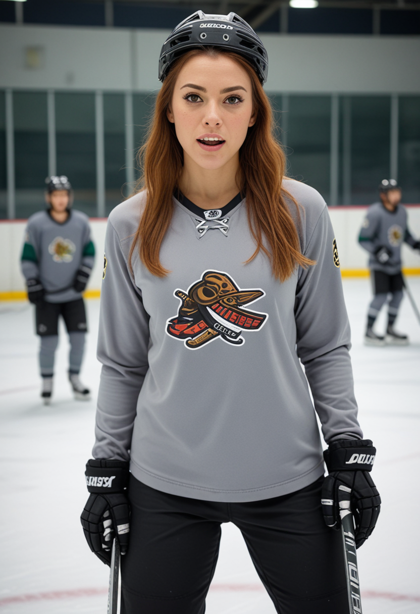 (medium full shot) of man, (muscular hockey player) young woman, mexican, mocha skin, light brown eyes, busty build, extra long ginger straight down hair,  wearing a grey team uniform top, hockey helmet, sweatpants, ice skates, holding a hockey stick, set in  Practice Rink, smaller than the main rink, used for team practices, nets at either end, cones and pucks scattered on the ice, a few spectators watching, woman surprised, open mouth, pointing her finger at the viewer, Masterpiece,best quality, photo, realistic, very aesthetic, detailed face,