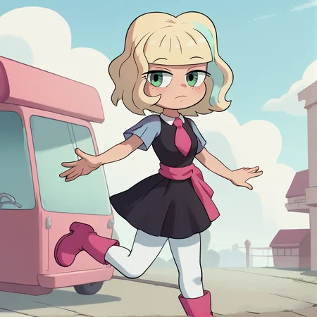 score_9, score_8_up, score_7_up, score_6_up, score_5_up, score_4_up, BREAK, <lora:amyrosesonicxoutfit:1>, arsonicxoutift, black dress, short dress, white pantyhose, pink necktie, pink sash, short sleeves, outside, pink boots, <lora:JackieLPony1.0:0.8>, jackiel, blonde hair, 1girl, green eyes, solo, multicolored hair, short hair, <lora:shexyo style xl:1>, blue sleeves,