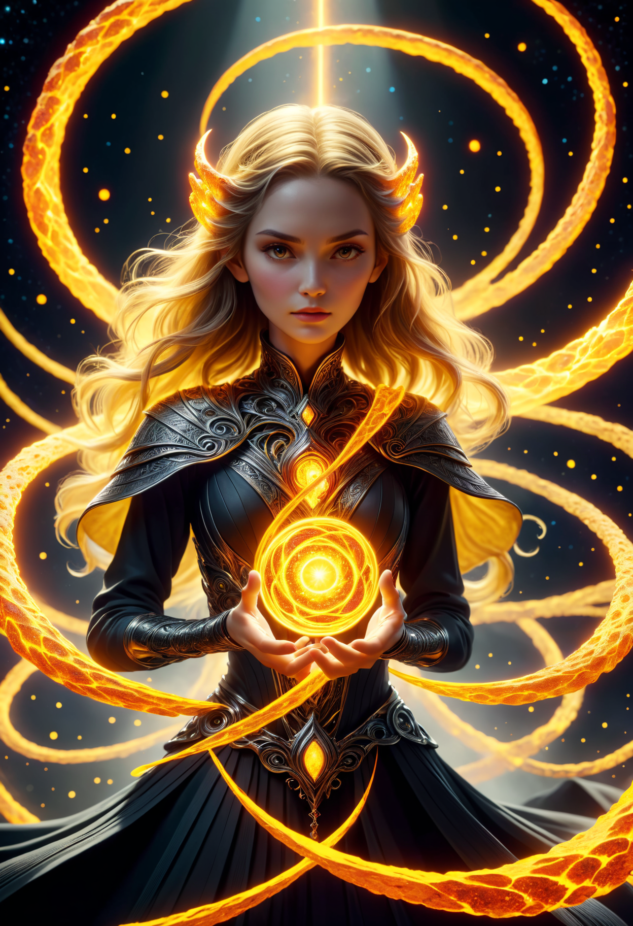 hyper detailed masterpiece, dynamic, awesome quality, female oracle  Weaving conjuring shaped like Amorphous of nickel yellow lava celestial and illusion magic DonMM4g1cXL <lora:DonMM4g1cXL_v1.2:0.65> <lora:Perfect Hands v2:1.0> Perfect Hands