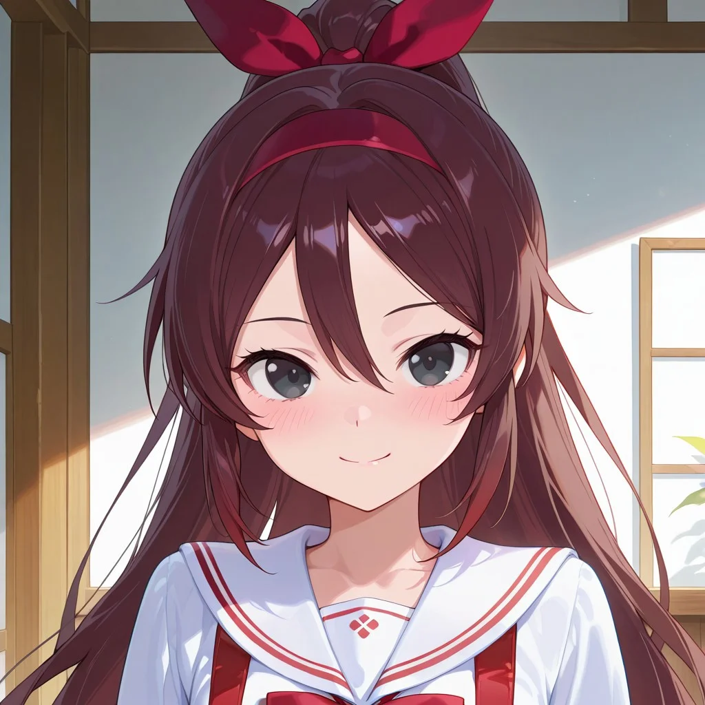 (masterpiece),best quality,amazing quality,very aesthetic,absurdres,newest,perfect body,shiny skin,perfect eyes,detail1eye,well-defined fingers,well-defined fingernails,anime style,indoors,1girl,solo,face only,(portrait :1.5),looking at viewer,facing viewer,smile,close mouth,blush,RuiRui,very long hair,dark brown hair,high ponytail,dark red hairband,hair ribbon,hair between eyes,parted bangs,black eyes,closed mouth,white sailor collar,white shirt,puffy long sleeves,small breasts,red bow,red suspenders,arms behind back,
