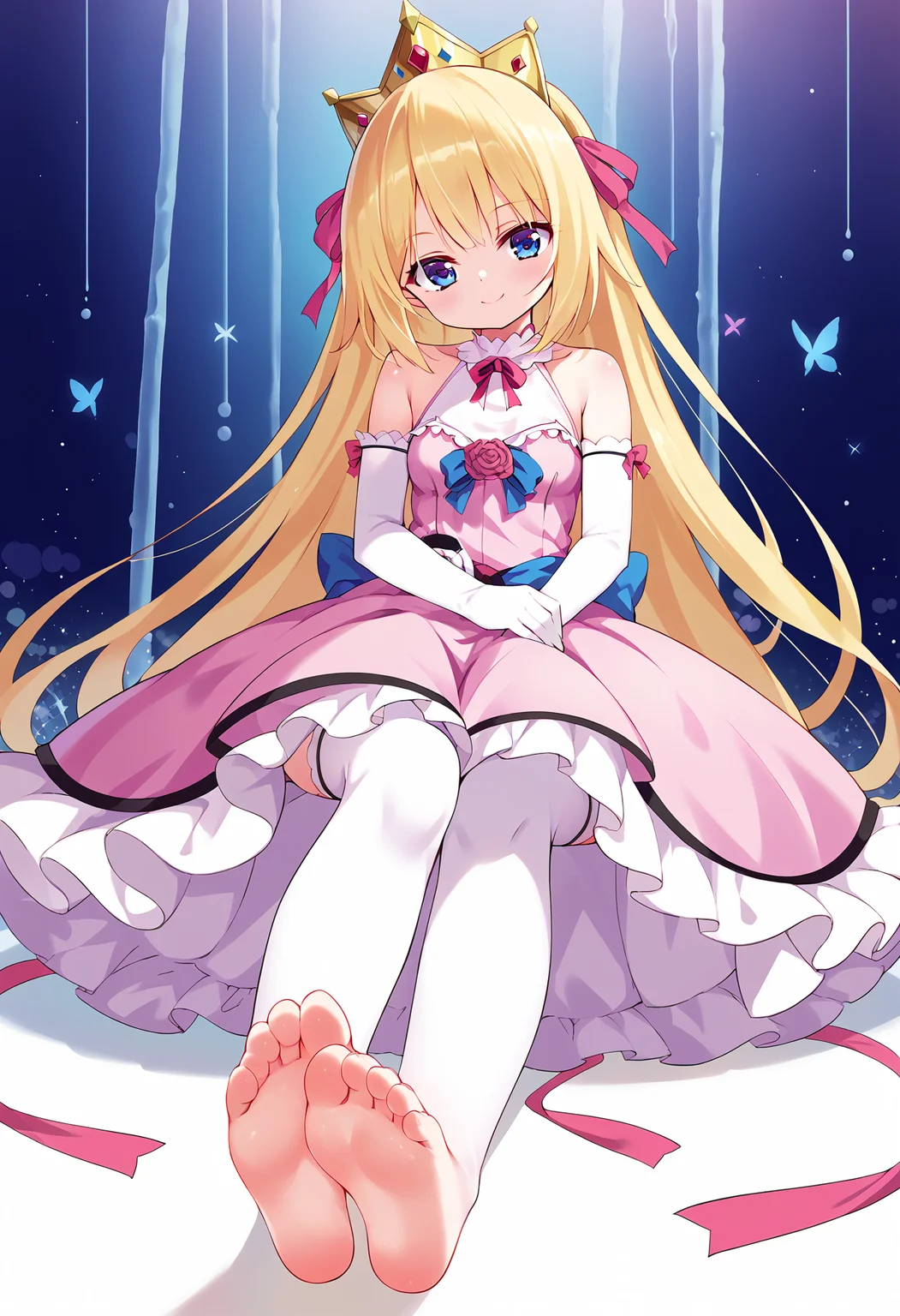 score_9, score_7_up,source_anime,anatomically correct,best perspective BREAK
<lora:feetsandwich:1>
feetsandwich, 1girl, barefoot
<lora:PrincessRutee:0.7> rutee, blonde hair, long hair, blue eyes, thighhighs, dress, pink dress, crown, gloves, elbow gloves, white gloves, ribbon, detached sleeves,