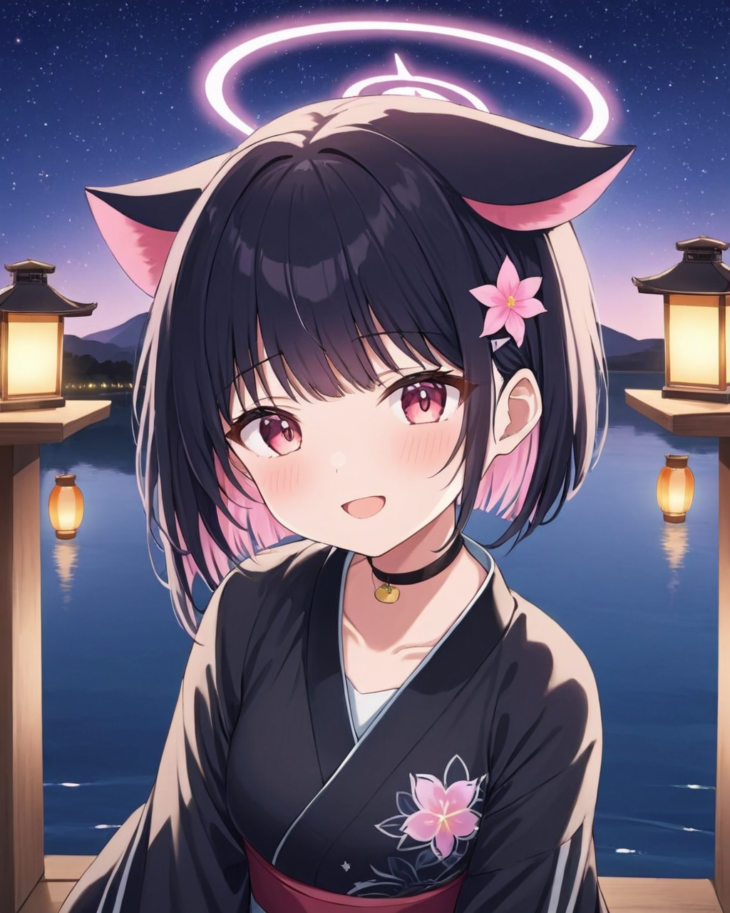 kazusa \(blue archive\),1girl, hair_flower, halo, solo, black_choker, looking_at_viewer, blush, night, obi, outdoors, smile, lantern, star_\(sky\), open_mouth, upper_body, black_kimono, water, starry_sky, pink_flower, lake, long_sleeves, from_side
<lora:kazusa_(blue_archive)_image2363_2023-11-28-000006:1>halo. gorgeous,key visual, vibrant, studio anime,award-winning, professional, highly detailed,high budget, cinemascope