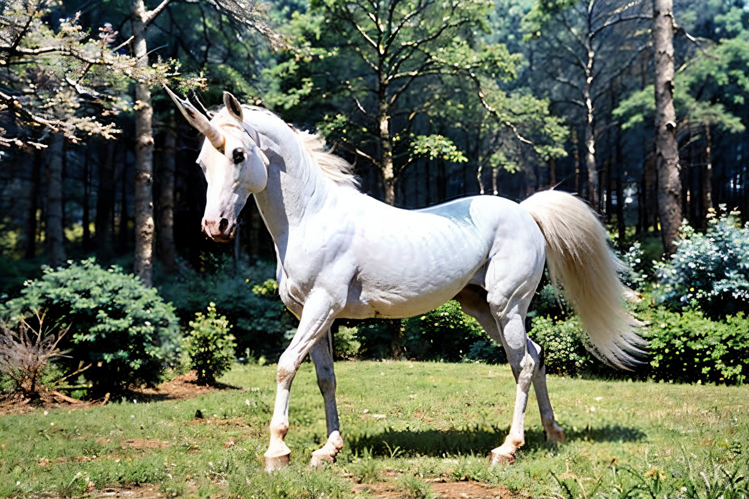 in fantasy forest (Realisitc:1.5) (Blue and beige:1.5) unicorn <lora:EdobUnicorn_v1.0:0.8>