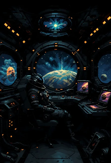score_9, score_8_up, score_7_up, yamer_pixel_fusion, pixel art, space ship, interior, retro futuristic, atompunk, hyper-detailed, scifi, lofi, d3p1x3l, pixel art