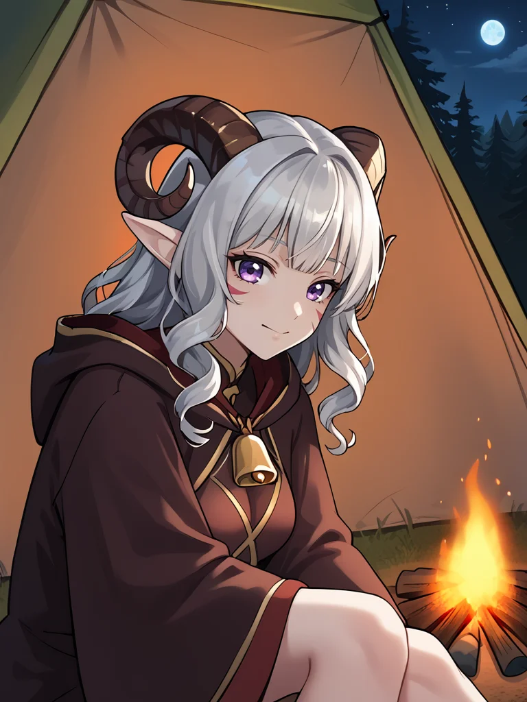 source_furry, score_7_up, rating_safe, gold necklace, tiefing, short pointed ears, brown horns, (a pair of brown sheep Horns that begin at her temples and curve back: 1.5), bangs, long silver hair long wavy hair, pale skin, short pointy ears, purple eyes, <lora:age_slider_v4:0.6> medium breasts, skinny female, close up, silver hair, <lora:Tieflingnew weird fantasyDND:0.3> Tiefling, pointed ears, horns, <lora:Smooth Style 2 SDXL_LoRA_Pony Diffusion V6 XL:0.5> bell, robe, hood off, < <lora:whisker_markings:0.8>red whisker_markings,
<lora:Campfire:0.8> campfire, tent