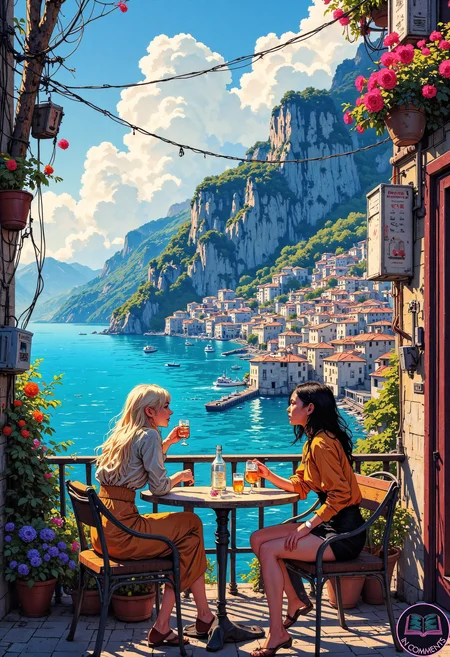 A digital illustration of two women enjoying an afternoon aperativo beverage. They sit casually at a table which overlooks the a small sea-side cyberpunk town inspired by the italian coastline of Cinque terre. the atmosphere is friendly and intimate. Neither companions feel the need to converse, instead, enjoy each other's company and the incredible vista before them.