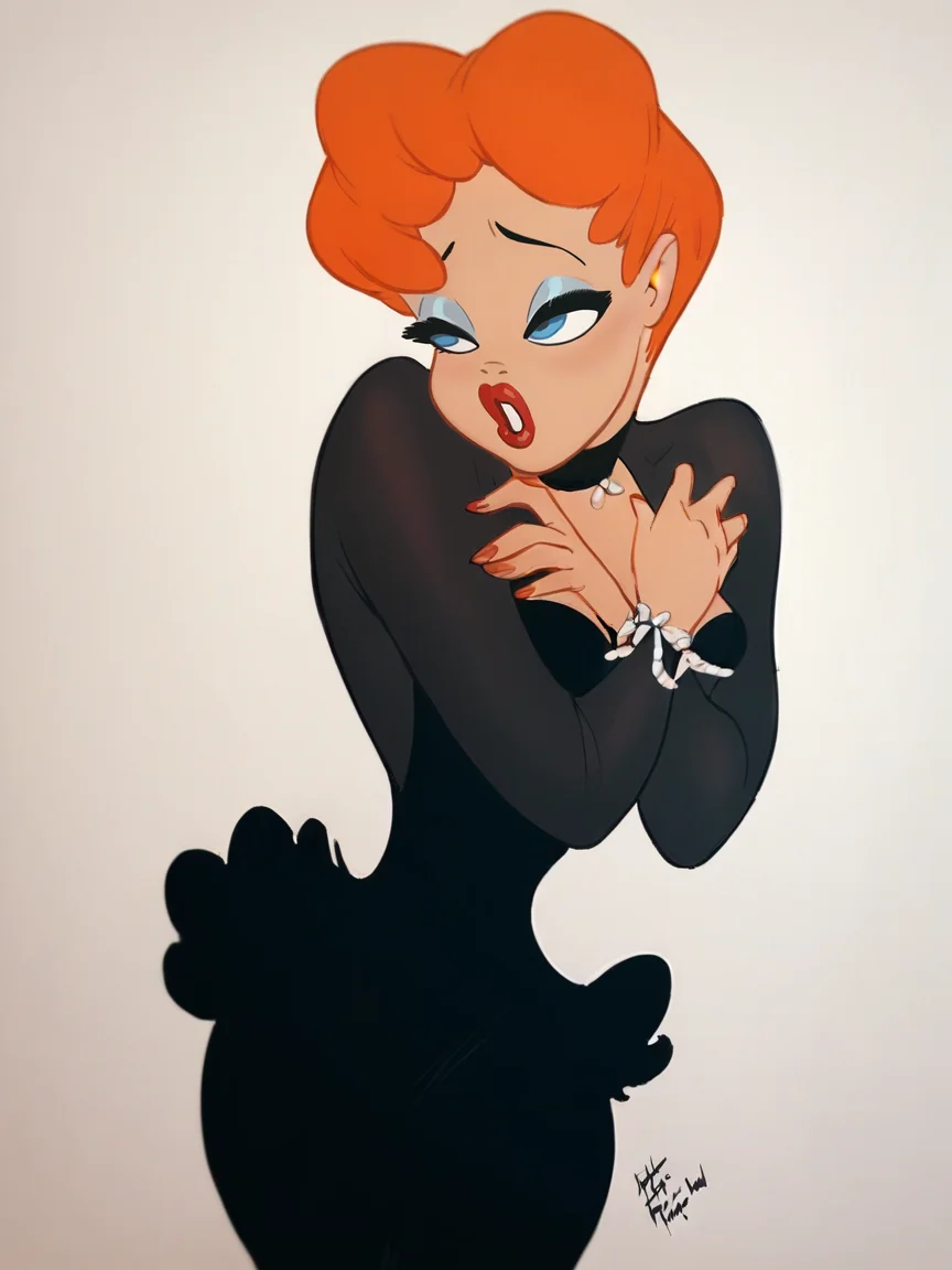 score_9, score_8_up, score_7_up, score_6_up, score_5_up, <lora:texaveryXLP:1> tex avery, 1girl, orange hair, solo, lipstick, blue eyes, short hair, black dress,