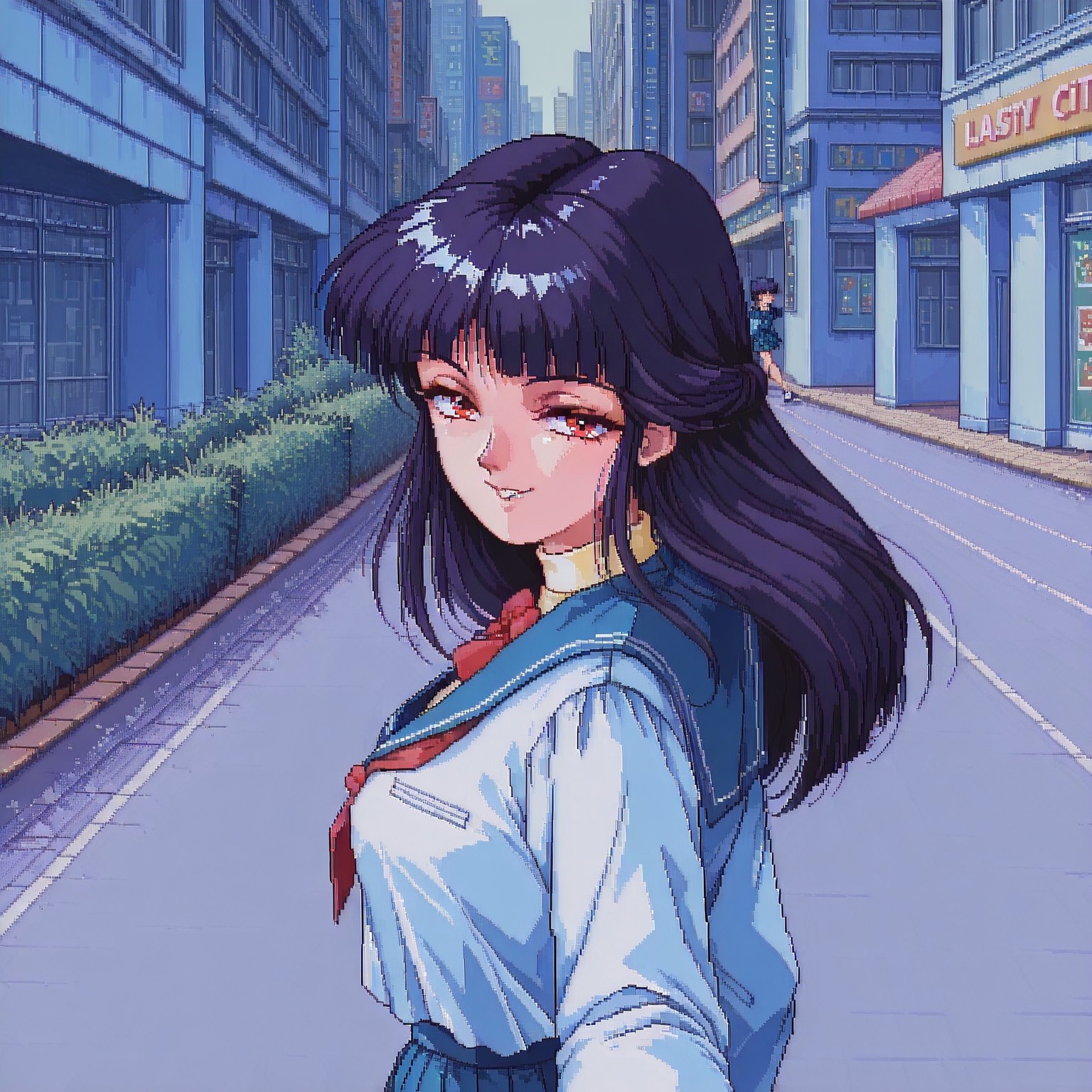Lazypos, 1girl, solo, pov, dpa,pixel art, focus on upper body, walking by side , seductive smile, SaekoTKIL, school_uniform, retro_artstyle, red eyes, walking o street, outdoors, busy city, side view, walking,