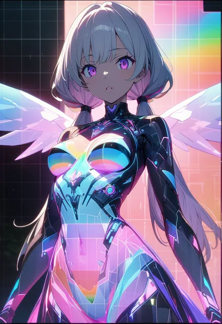gorgeous lips, cinematic, (masterpiece), (best quality), (ultra-detailed), very aesthetic, illustration, perfect composition, intricate details, absurdres, detailed face, (anime, masterpiece, intricate:1.3), (best quality, hires textures, high detail:1.2), (4k),(incredibly detailed:1.4) 
Hologram girl, hologram, no humans, outline only, wireframe, glowing wireframe, pretty girl, rainbow hologram,  futuristic, transparent body, void body, only outline neon tube, twintails, low twintails, fluffy hair, rainbow colors, small wings, aesthetic grid, silhouette ,more_prism background, vibrant color, more_details:1.5