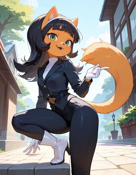 masterpiece, best quality, very aesthetic, absurdres,
outdoors, posing, 
white gloves, white high heel boots, black pants, black jacket, long sleeves, 
smile, parted lips, fangs, 
<lora:Kitty_Katswell_v01_NAIXL:1>
K1tty_Kat6w3311, 1girl, solo, furry, furry female, animal ears, long hair, black hair, hairband, blunt bangs, flipped hair, green eyes, animal nose, body fur, orange fur, cat tail,