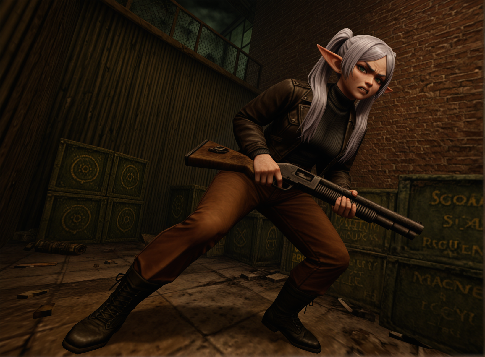 kingpin, full body, best quality, photorealistic, ultra detailed, 3d_render, looking at viewer, angry, very angry, 1girl, solo, green eyes, frieren_\(sousou no frieren\), aiming_shotgun_directly_at_camera, shotgun_raised, wooden_pump_shotgun, two_handed_weapon_pose, combat_ready_pose, leather_jacket, black_turtleneck, brown_pants, black_boots, dirty_face, blood_splatter, rage_in_green_eyes, hostile_pose, threatening_expression, tense_body_language, shallow_depth_of_field, gritty_alleyway, dirty_brick_wall, mesh_fence, broken_windows, trash_bins, wooden_planks, dumpster, barrel_on_fire, neon_sign_glow, smoke_in_air, barrel_on_fire, open_dumpster, moody_color_palette, dutch_angle_camera, cinematic_lighting, <lora:dmd2_sdxl_4step_lora:1>, <lora:Kingpin_-_Life_of_Crime_Style_1.2_ILXL:1.1>