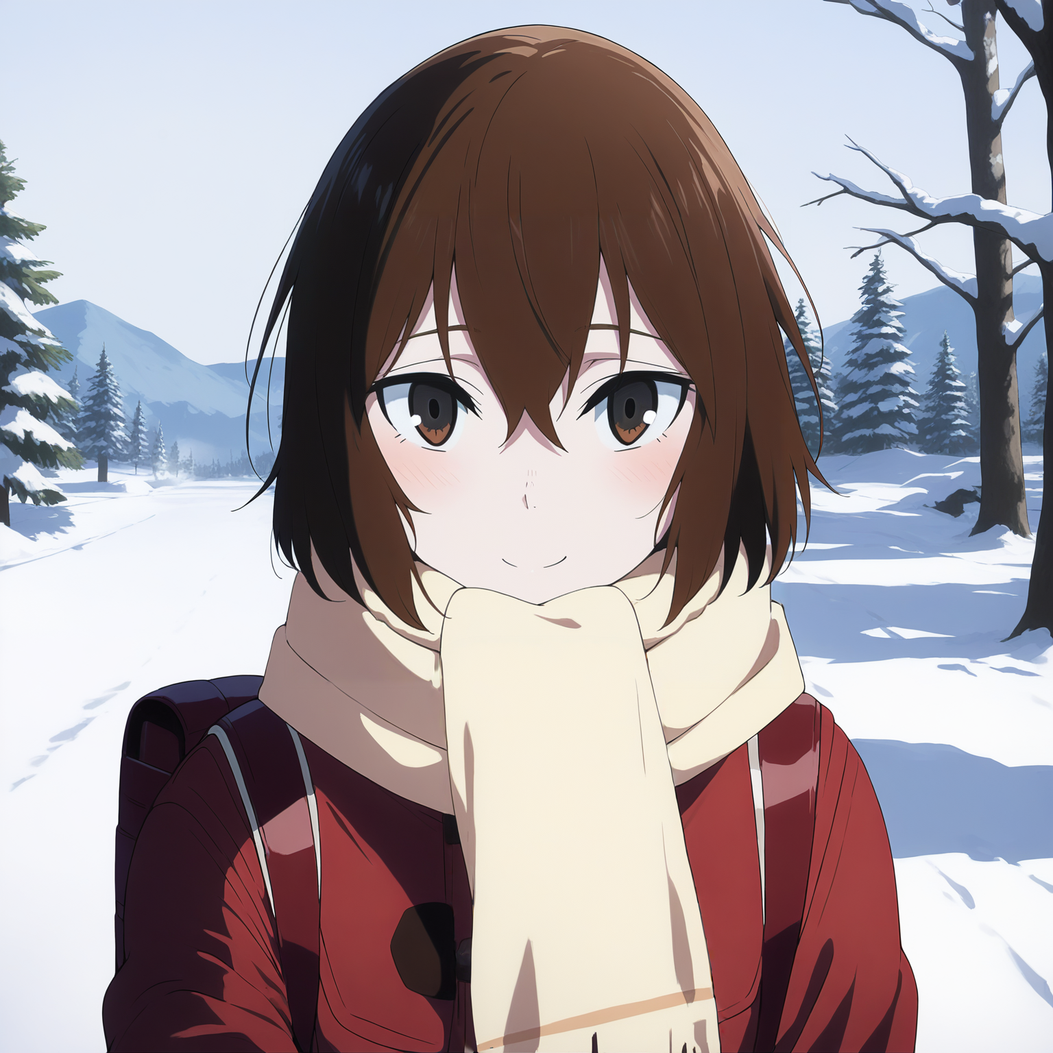 pixiv masterpiece, score_9, score_8_up,  source_anime, score_7_up, best quality, high res, absurd res, 
<lora:Kayo_Hinazuki_Illustrious_v19-000013:1>,kayo_hinazuki_il, 1girl, brown_eyes,  red_coat,  scarf, solo, short_hair, brown_hair, portrait, facing viewer, sunny day, winter, clean background, faint smile