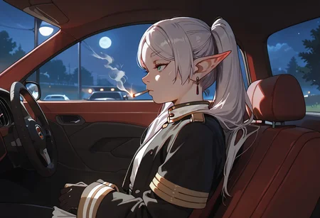 score_9, score_8_up, score_7_up, score_6_up, Frieren, elf ears, sexy, small breasts, night, girl_focus, solo, car_interior, cigarette in mouth, gloves, facial_hair, motor_vehicle, car, jacket, ground_vehicle, from side