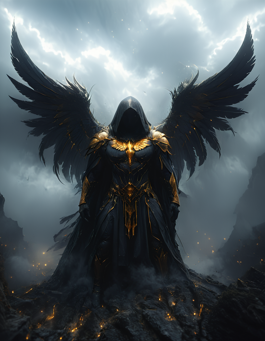 wide angle, full body, hidden face, hooded, fallen angel, big golden wings, tattered robe, wearing black body armor, full body armor, golden feathers falling, majestic wings, powerful stance, cloudy sky, fantasy, ethereal, mystical, mist and fog, Imposing, Dramatic lighting, earth terrain, black theme, dark,