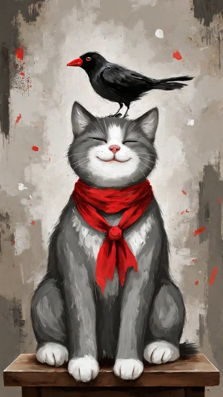 artwork featuring a whimsical and surreal scene. At the center is a gray and white cat with its eyes closed in a contented smile, perched on a red scarf tied around its neck. The cat's fur appears soft and textured, with detailed brushstrokes that mimic the softness of real fur. Perched on the cat's head is a small black bird with a bright red beak, adding a splash of vibrant color to the image. The bird's feathers are meticulously rendered, giving a sense of realism.The background is a blend of muted, earthy tones with subtle brushstrokes and splatters of red and black paint, creating a textured and abstract effect. The overall style is impressionistic, with soft, blurred edges and a focus on light and shadow to create depth. The scene is set against a neutral backdrop, which allows the cat and bird to stand out prominently. The red scarf tied around the cat's neck contrasts sharply with the cat's gray fur, adding a pop of color and a touch of whimsy to the composition. This digital artwork combines elements of realism and fantasy, creating a charming and whimsical scene.,aidmaimageupgrader, aidmaMJ6.1 <lora:aidmaMJ6.1-FLUX-v0.5:0.7> <lora:aidmaImageUprader-FLUX-v0.3:0.4>