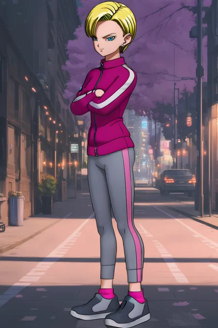 source_anime, score_9, score_8_up, score_7_up, anime screencap, high quality,
android 18, dragon ball super super hero, anime coloring, official style, 1girl, solo, short hair, blue eyes, blonde hair, street, walking, full body, stud earrings, outdoors, tight pants, night, crossed arms, building, track jacket, lamppost, eyelashes, looking at viewer, long sleeves, grey bottomwear, pink jacket, two tone jacket, two tone pants, pink legwear, sneakers, socks, v-shaped eyes, v-shaped eyebrows, multi tone footwear, black footwear, evening
<lora:c18_pony:0.8>