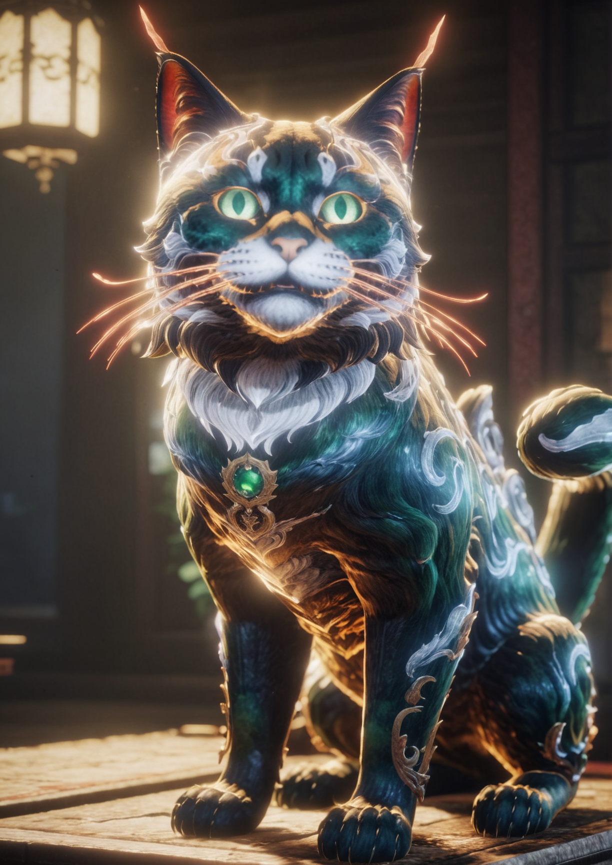 photography,niohxlguardiansprt.emerald cat,roaring,awardwinning,masterpiece <lora:niohguardiansprt-step00000420:0.8>,epic,trending on artstation,raw photo,128k UHD,sharp focus,bokeh,50nm lens,solo,hyperrealism,absurd res,private photo press,aesthetic