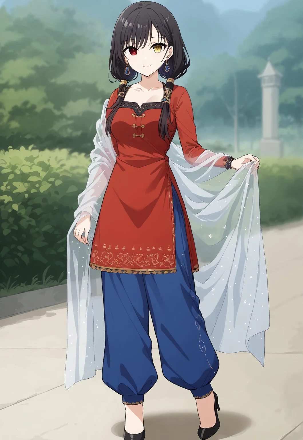 safe_pos, 1girl, solo, score_9_up, score_9, source_anime, 1girl, solo, black hair, red eye, twintail hair, yellow eye, heterochromia, 1girl, solo, twintails, closed mouth, smile, looking at viewer, standing, medium breast, fullbody , depts of field, expressiveh, <lora:Salwar_kameez:1> Traditional Indian, red tunic, intricate neckline, blue trousers, plain earrings, high heels, Salwar kameez, sheer sleeves, Sheer , Deep V-neckline , plain dress, shawl on chest, transparent shawl